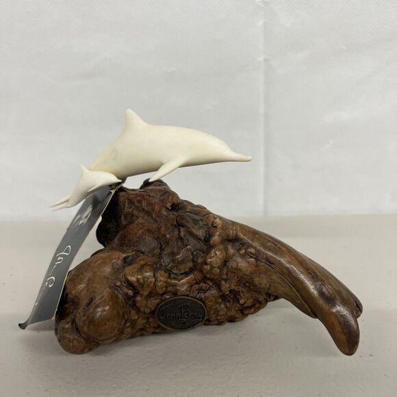 John Perry Dolphin Figurine Sculpture Burl Wood Base 7 inch Across Parent Child